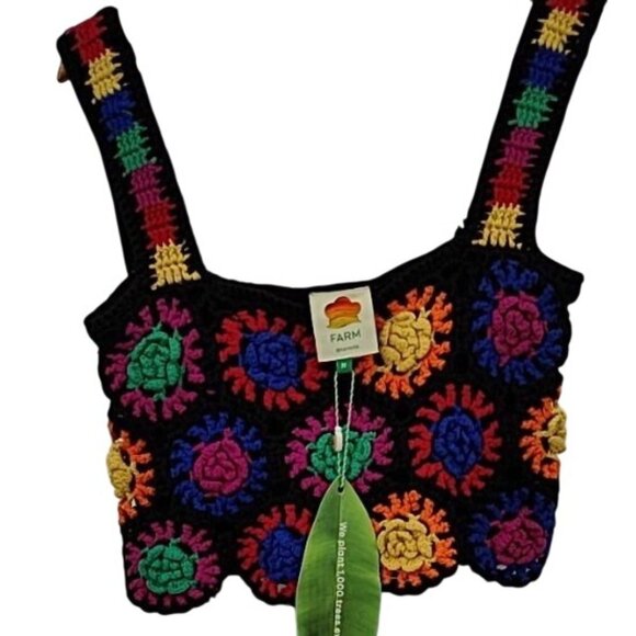 Farm Rio Crochet Flowers Top in Black with Colorful Floral Pattern Size Medium - Picture 4 of 5